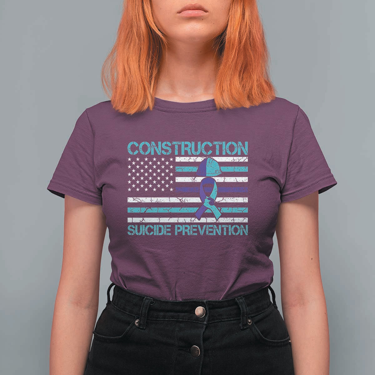 Construction Suicide Prevention Awareness T Shirt For Women Mental Health American Flag