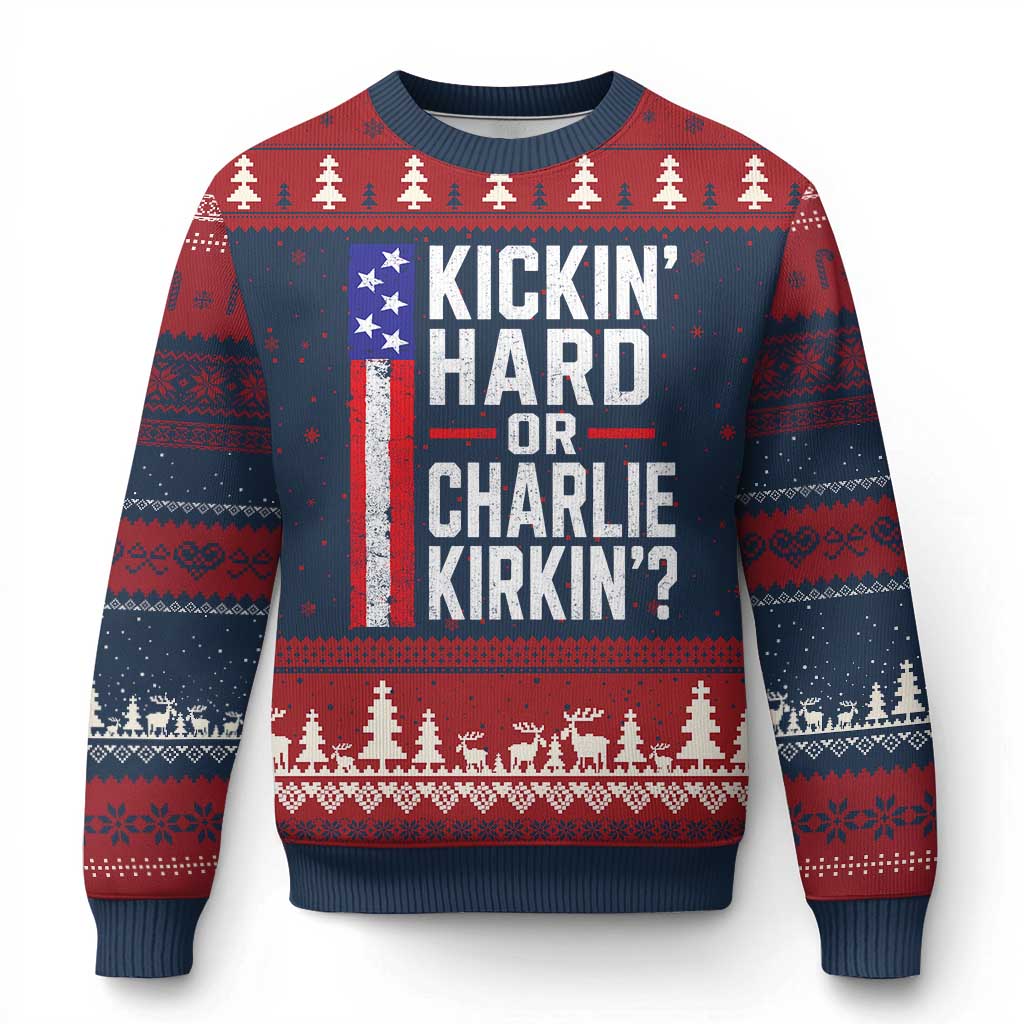 Funny Kickin Hard Or Kirkin US Political Ugly Christmas Sweater Vintage American Flag