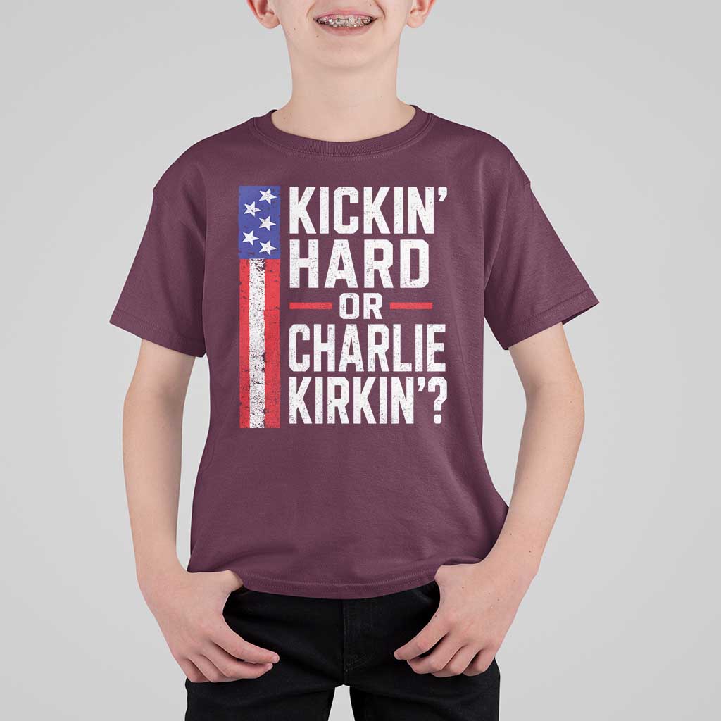 Funny Kickin Hard Or Kirkin US Political T Shirt For Kid Vintage American Flag