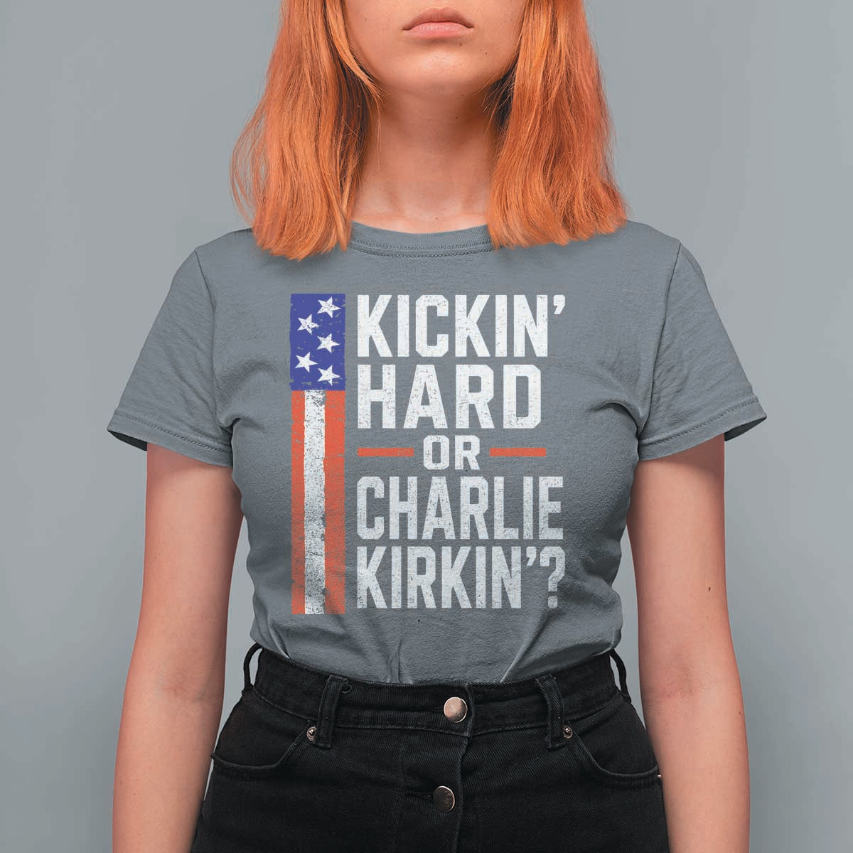 Funny Kickin Hard Or Kirkin US Political T Shirt For Women Vintage American Flag