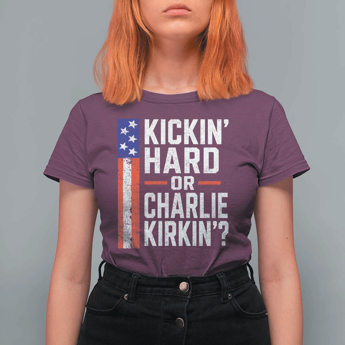 Funny Kickin Hard Or Kirkin US Political T Shirt For Women Vintage American Flag
