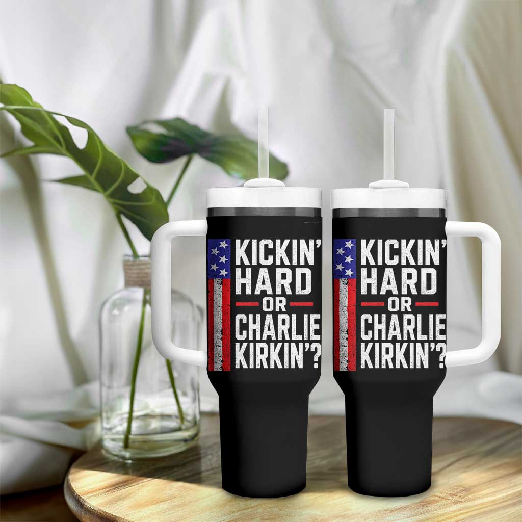 Funny Kickin Hard Or Kirkin US Political Tumbler With Handle Vintage American Flag