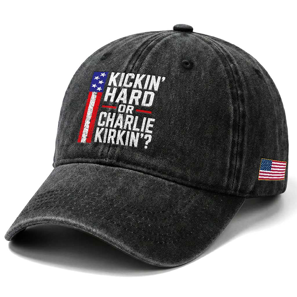 Funny Kickin Hard Or Kirkin US Political Washed Cotton Baseball Cap Vintage American Flag