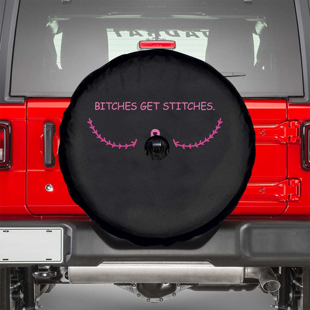 Funny Breast Cancer Awareness Spare Tire Cover Bitches Get Stitches Pink Ribbon