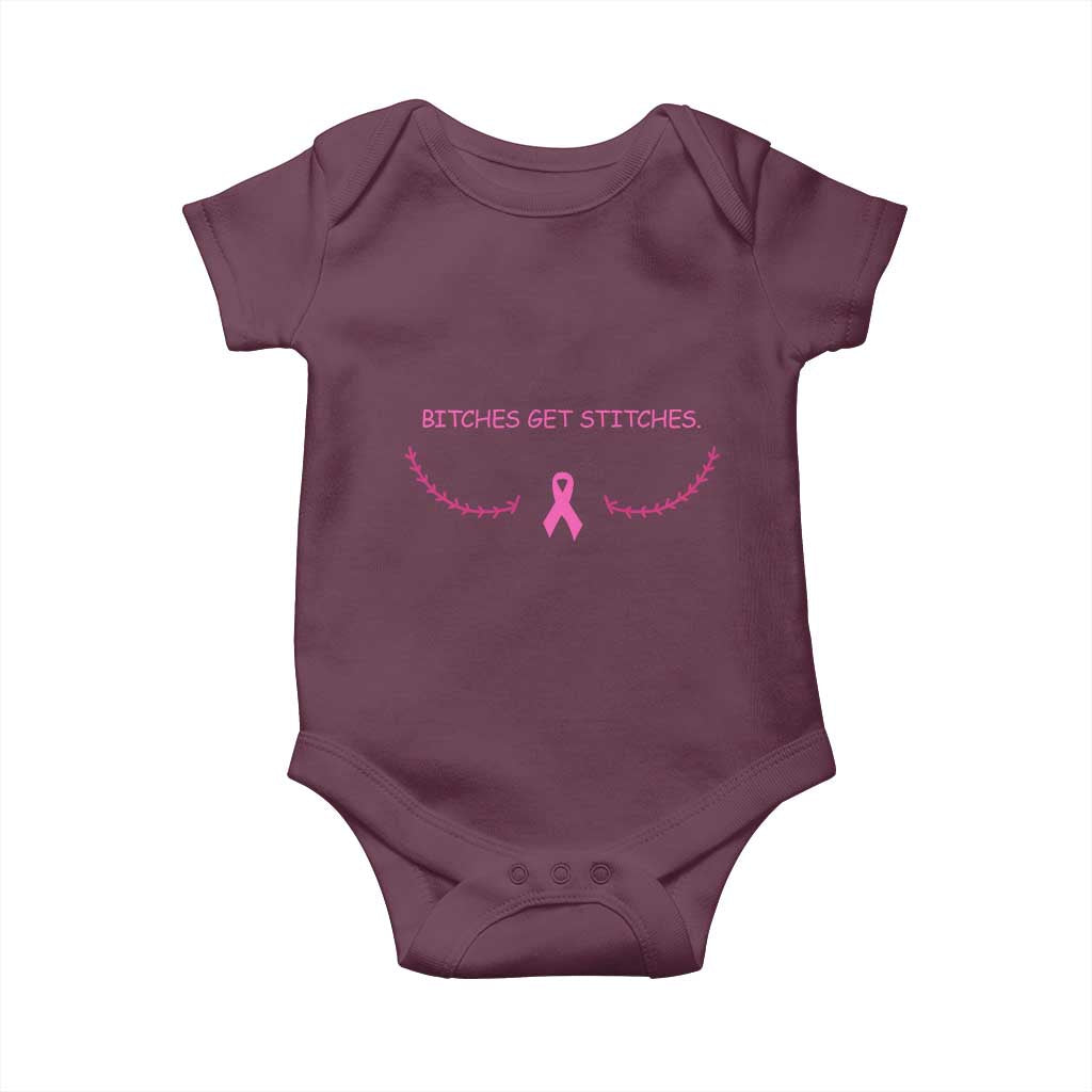 Funny Breast Cancer Awareness Baby Onesie Bitches Get Stitches Pink Ribbon