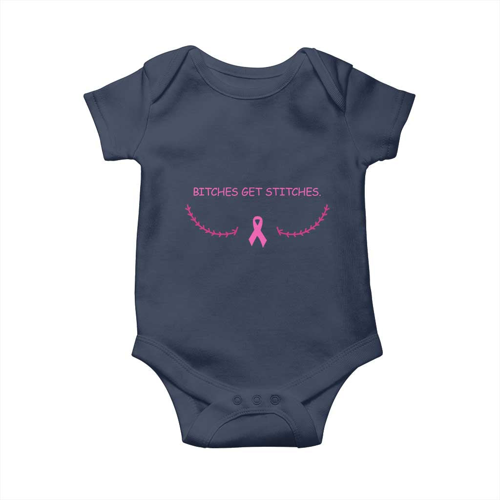 Funny Breast Cancer Awareness Baby Onesie Bitches Get Stitches Pink Ribbon