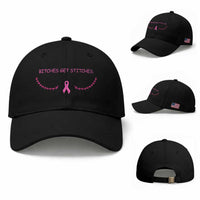 Funny Breast Cancer Awareness Baseball Cap Bitches Get Stitches Pink Ribbon