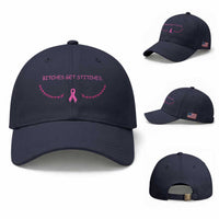 Funny Breast Cancer Awareness Baseball Cap Bitches Get Stitches Pink Ribbon