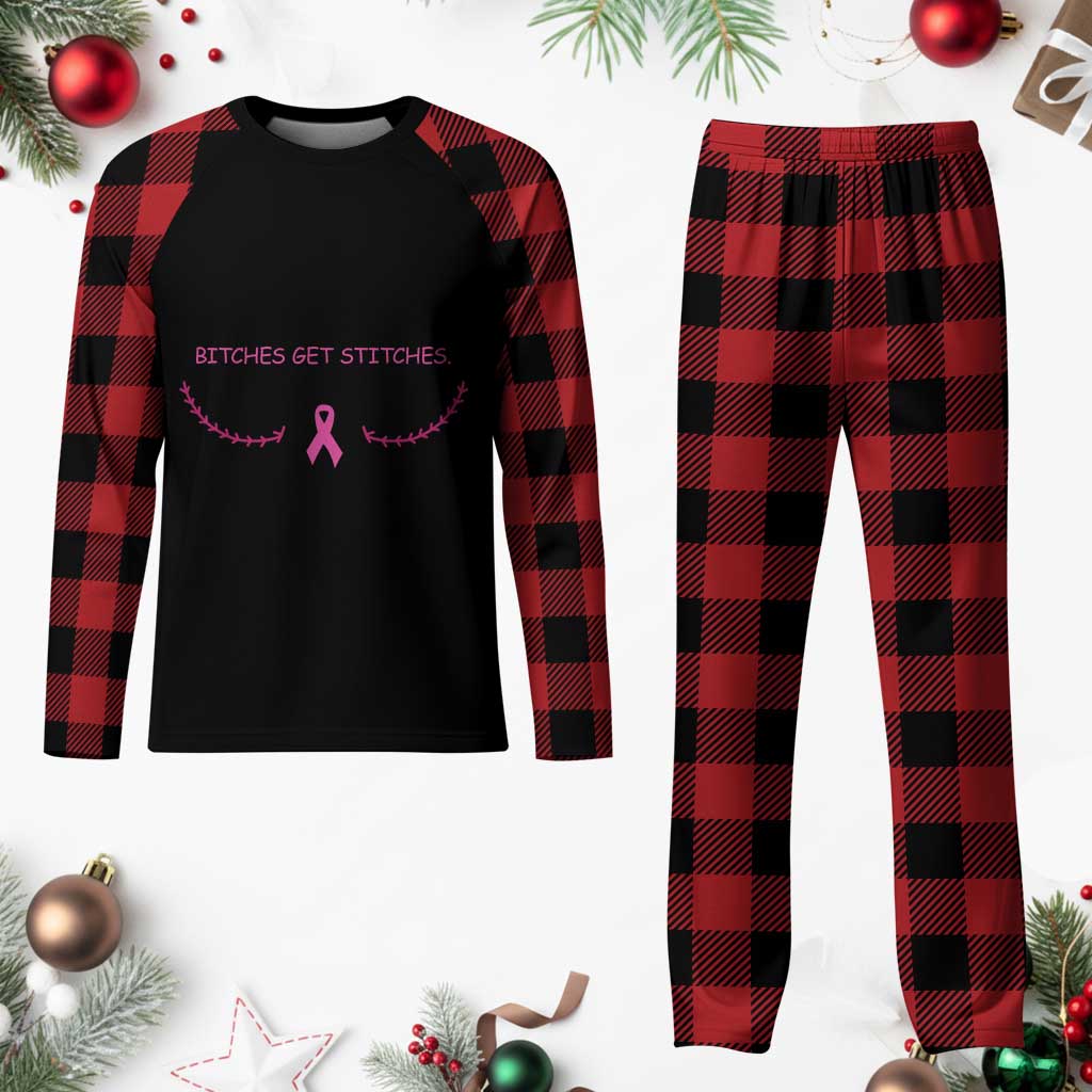 Funny Breast Cancer Awareness Plaid Pajama Set Bitches Get Stitches Pink Ribbon