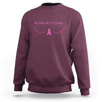 Funny Breast Cancer Awareness Sweatshirt Bitches Get Stitches Pink Ribbon
