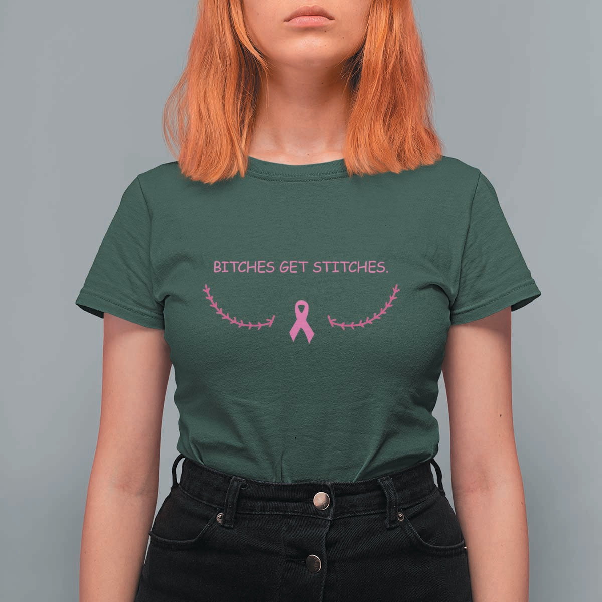 Funny Breast Cancer Awareness T Shirt For Women Bitches Get Stitches Pink Ribbon