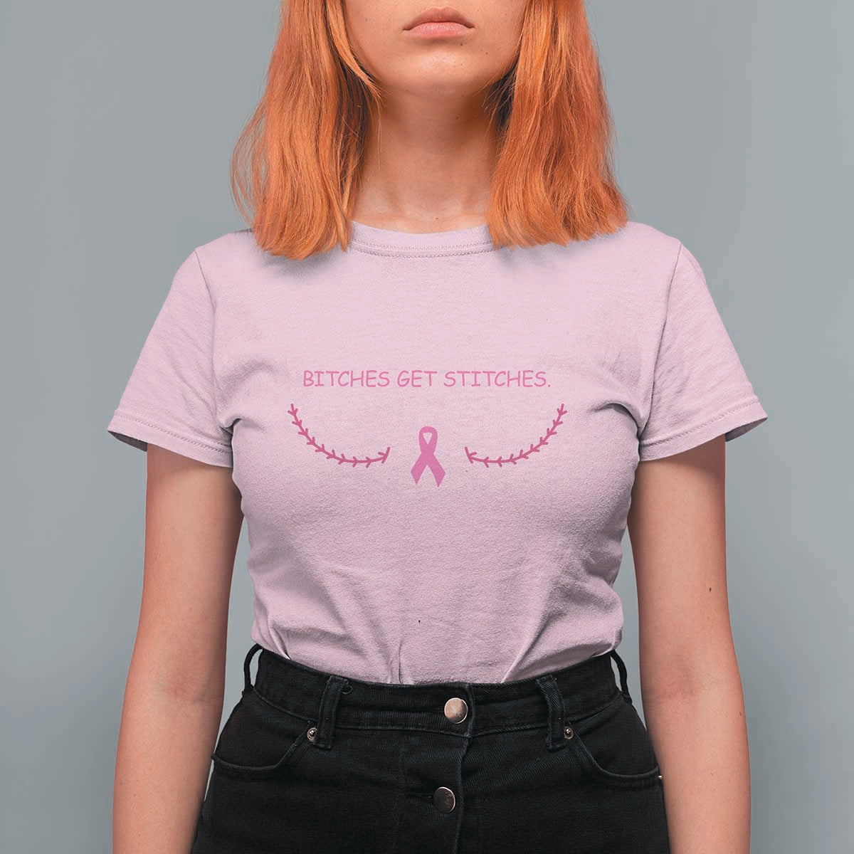 Funny Breast Cancer Awareness T Shirt For Women Bitches Get Stitches Pink Ribbon