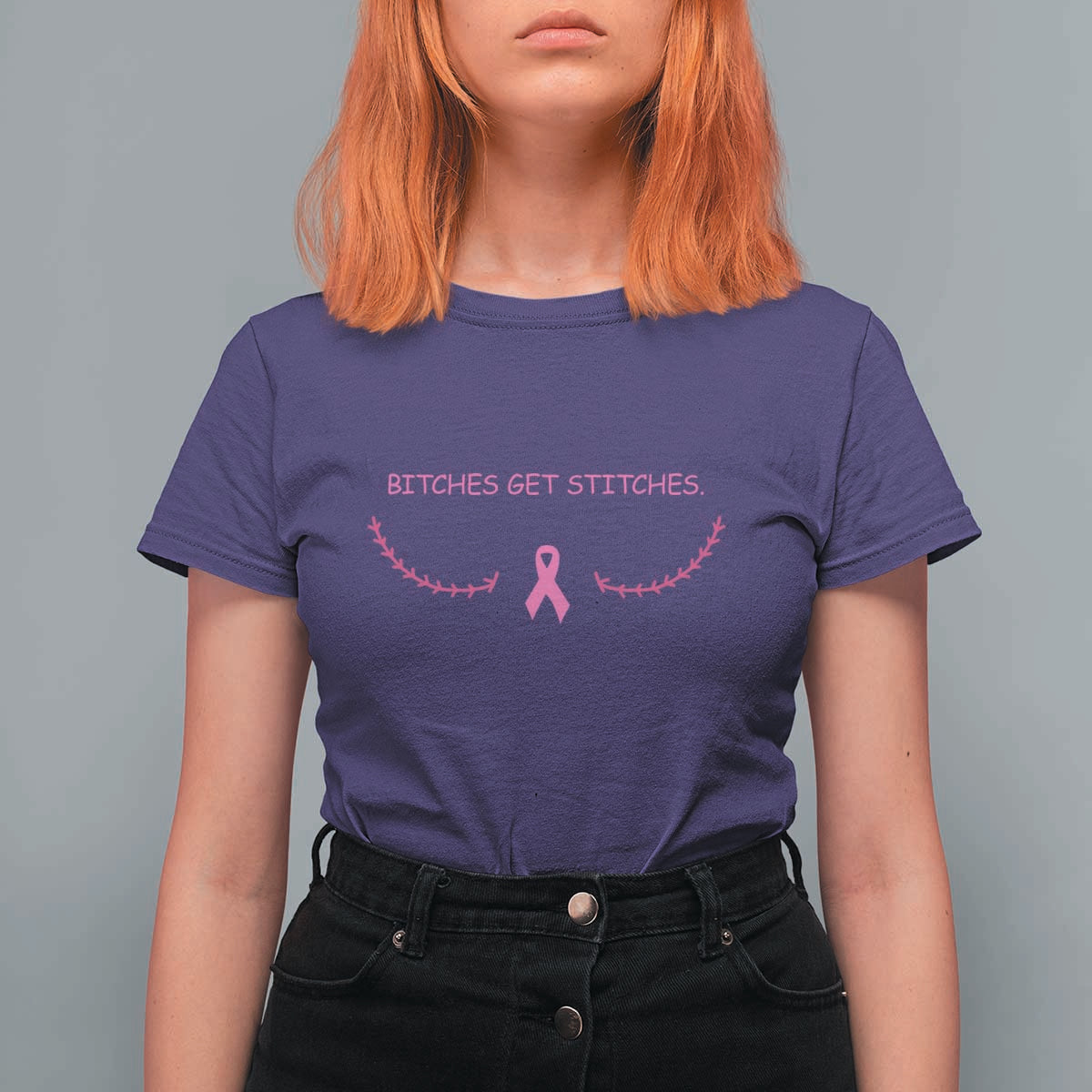 Funny Breast Cancer Awareness T Shirt For Women Bitches Get Stitches Pink Ribbon
