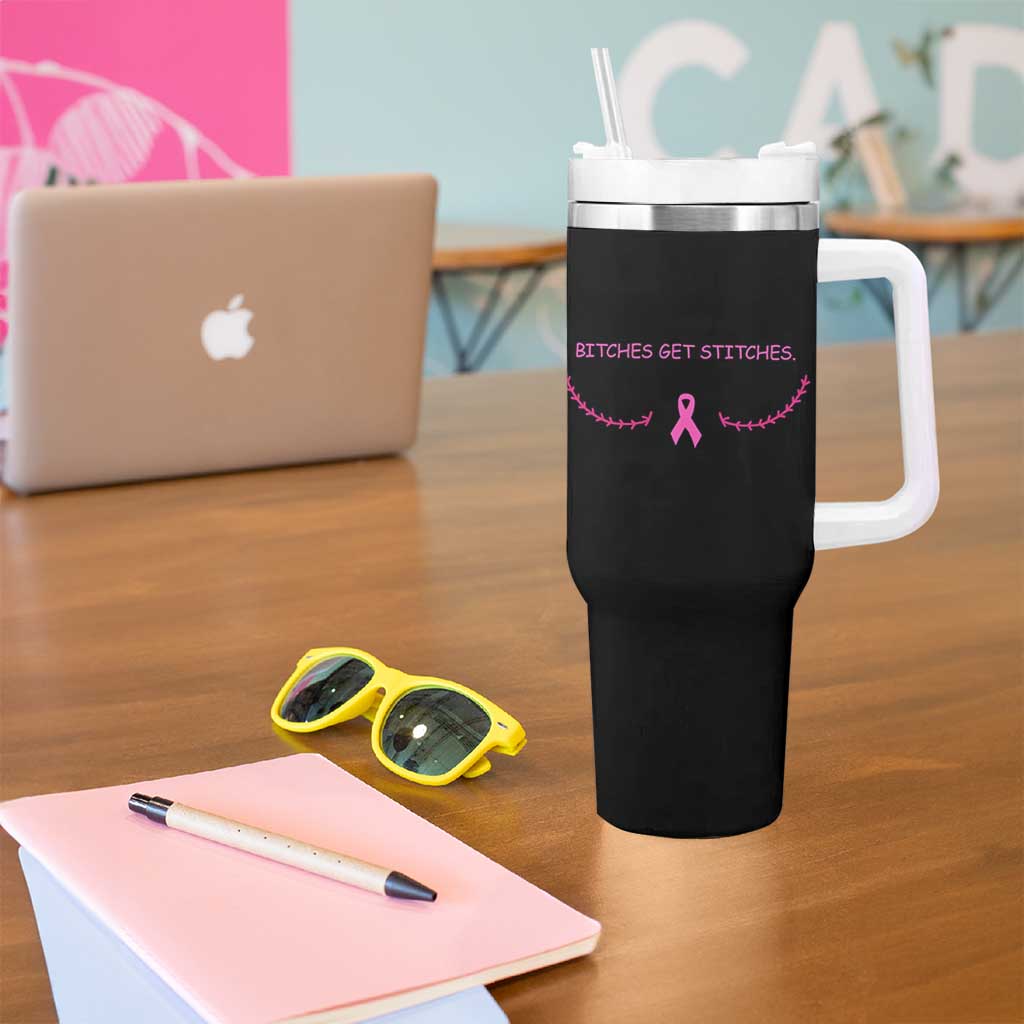 Funny Breast Cancer Awareness Tumbler With Handle Bitches Get Stitches Pink Ribbon