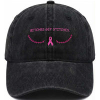 Funny Breast Cancer Awareness Washed Cotton Baseball Cap Bitches Get Stitches Pink Ribbon