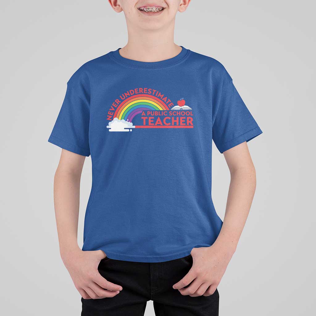 Tim Walz T Shirt For Kid Never Underestimate A Public School Teacher Rainbow Apple Book - Wonder Print Shop