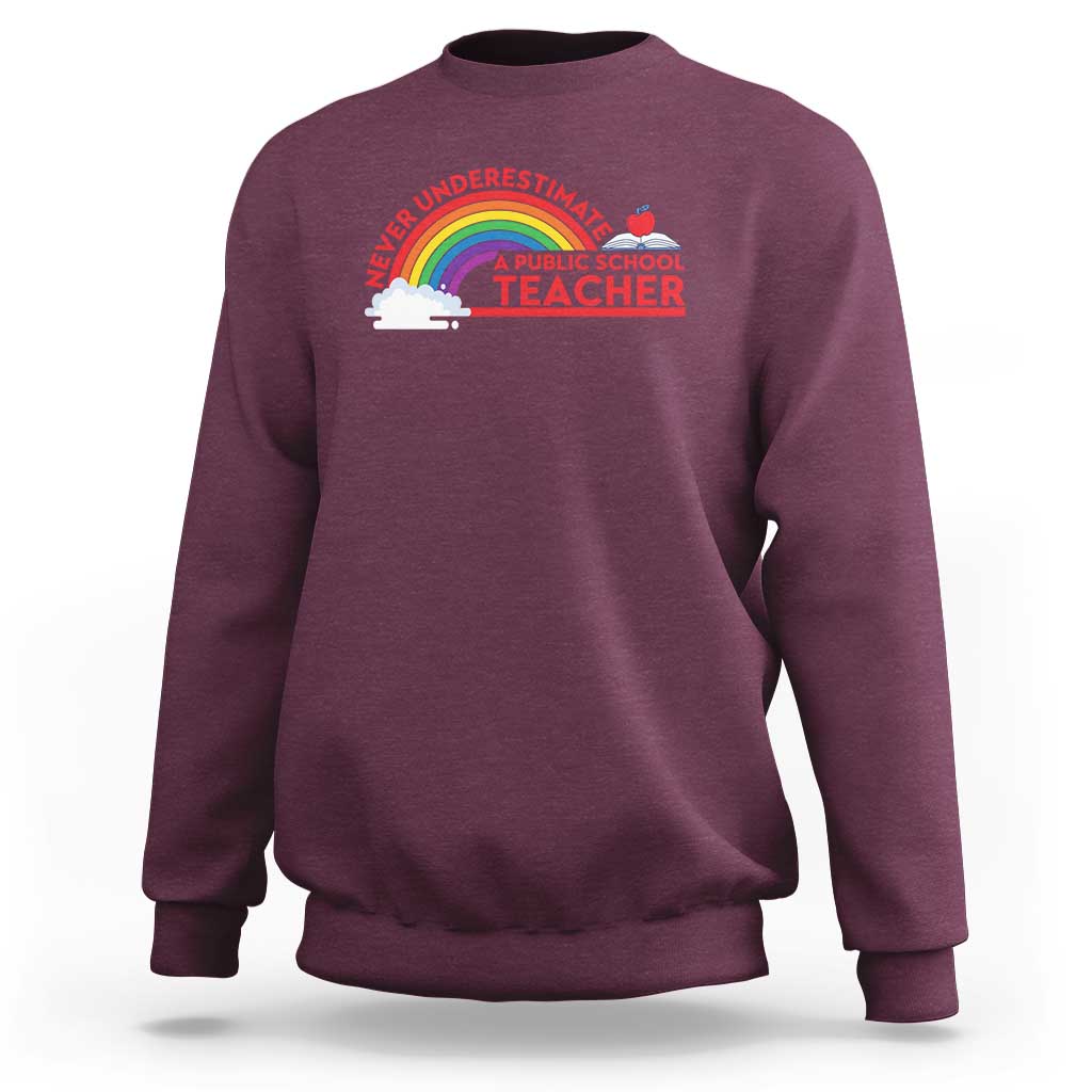 Tim Walz Sweatshirt Never Underestimate A Public School Teacher Rainbow Apple Book - Wonder Print Shop