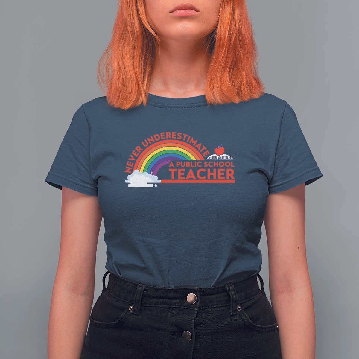 Tim Walz T Shirt For Women Never Underestimate A Public School Teacher Rainbow Apple Book - Wonder Print Shop