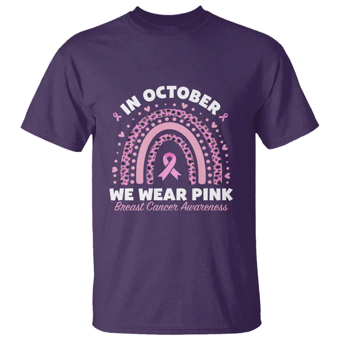 Breast Cancer Awareness T Shirt In October We Wear Pink Rainbow Heart Ribbon - Wonder Print Shop