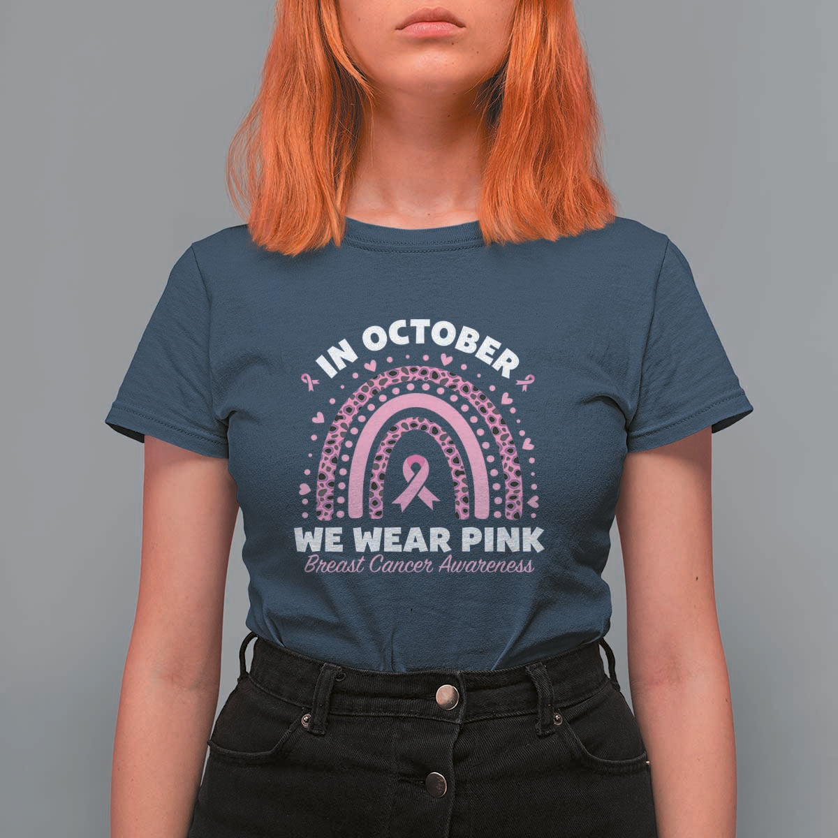Breast Cancer Awareness T Shirt For Women In October We Wear Pink Rainbow Heart Ribbon - Wonder Print Shop