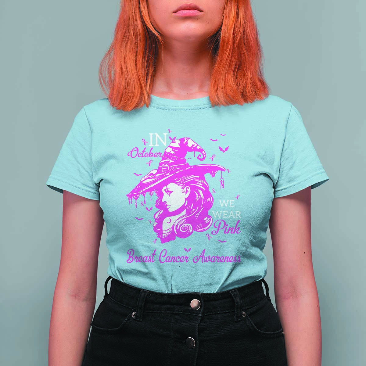 Breast Cancer Awareness T Shirt For Women In October We Wear Pink Halloween Witch - Wonder Print Shop