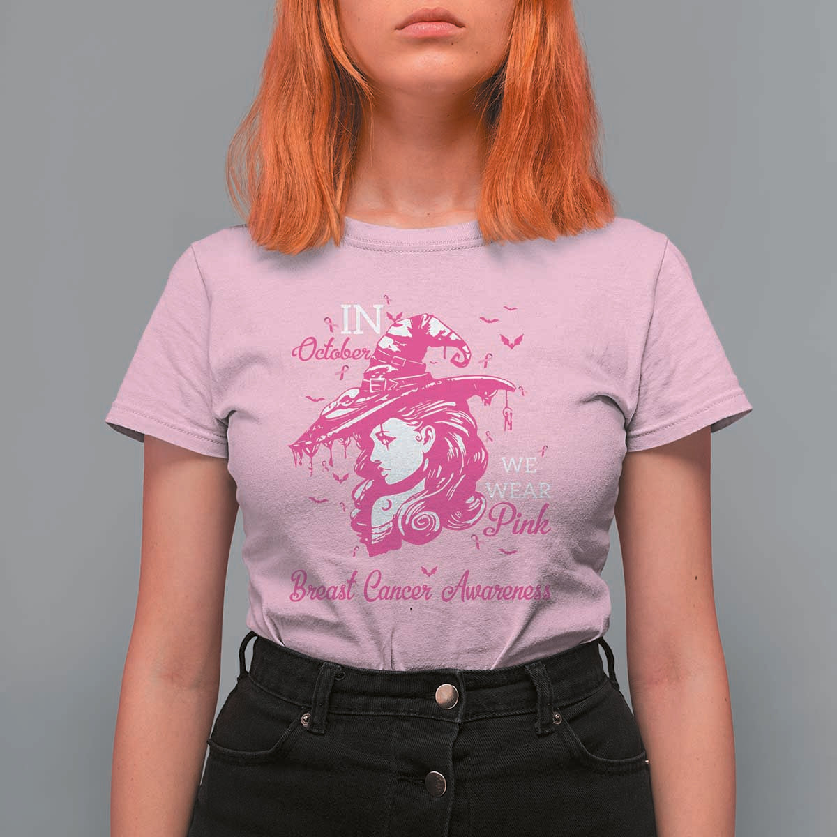 Breast Cancer Awareness T Shirt For Women In October We Wear Pink Halloween Witch - Wonder Print Shop