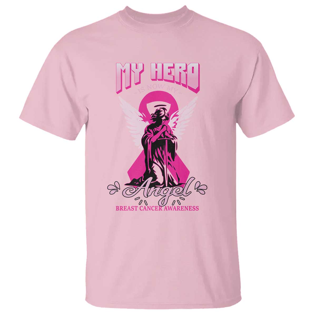 Breast Cancer Awareness T Shirt My Hero Is Now My Angel Pink Ribbon Cancer Warrior - Wonder Print Shop