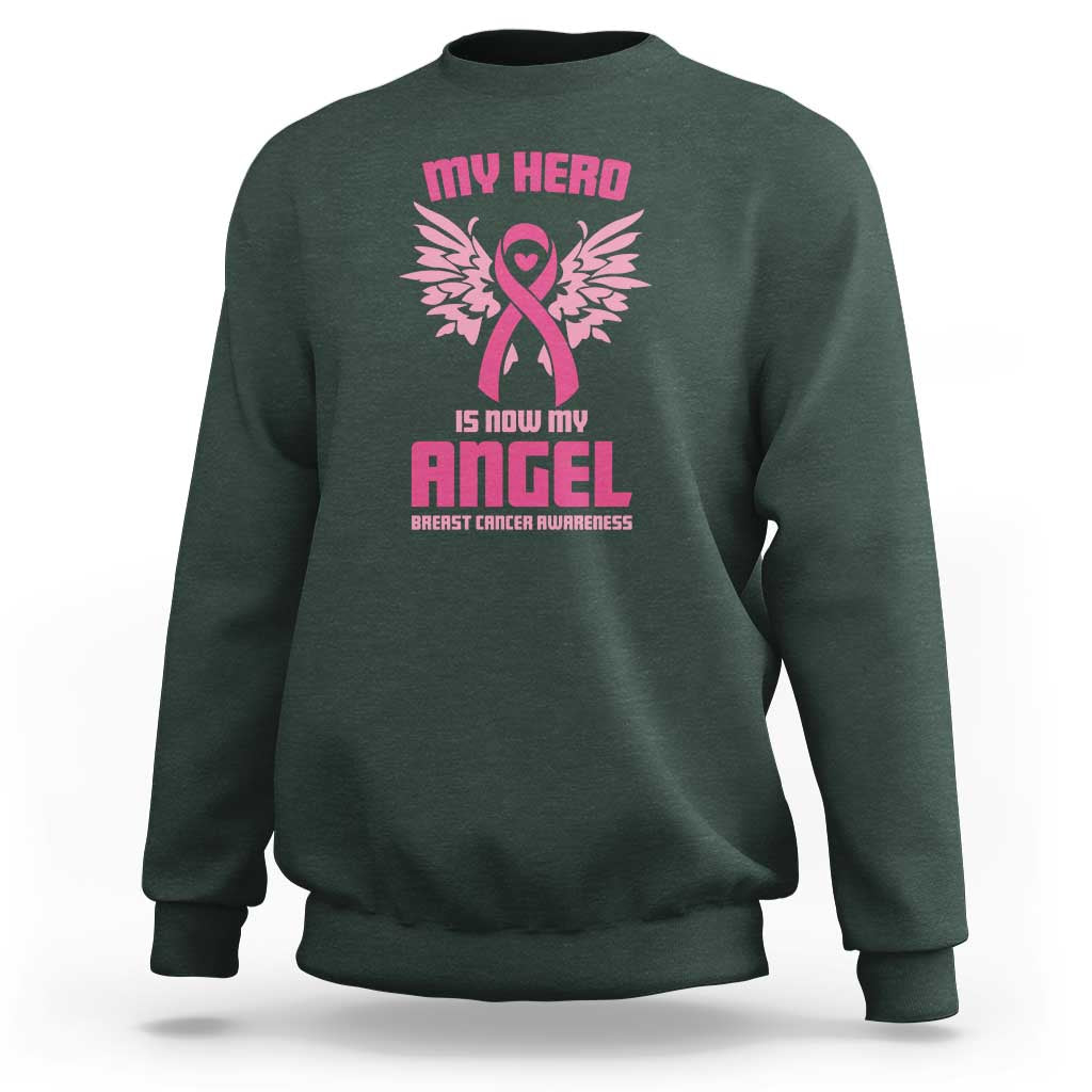 Breast Cancer Awareness Sweatshirt My Hero Is Now My Angel Pink Ribbon Wings Heart - Wonder Print Shop