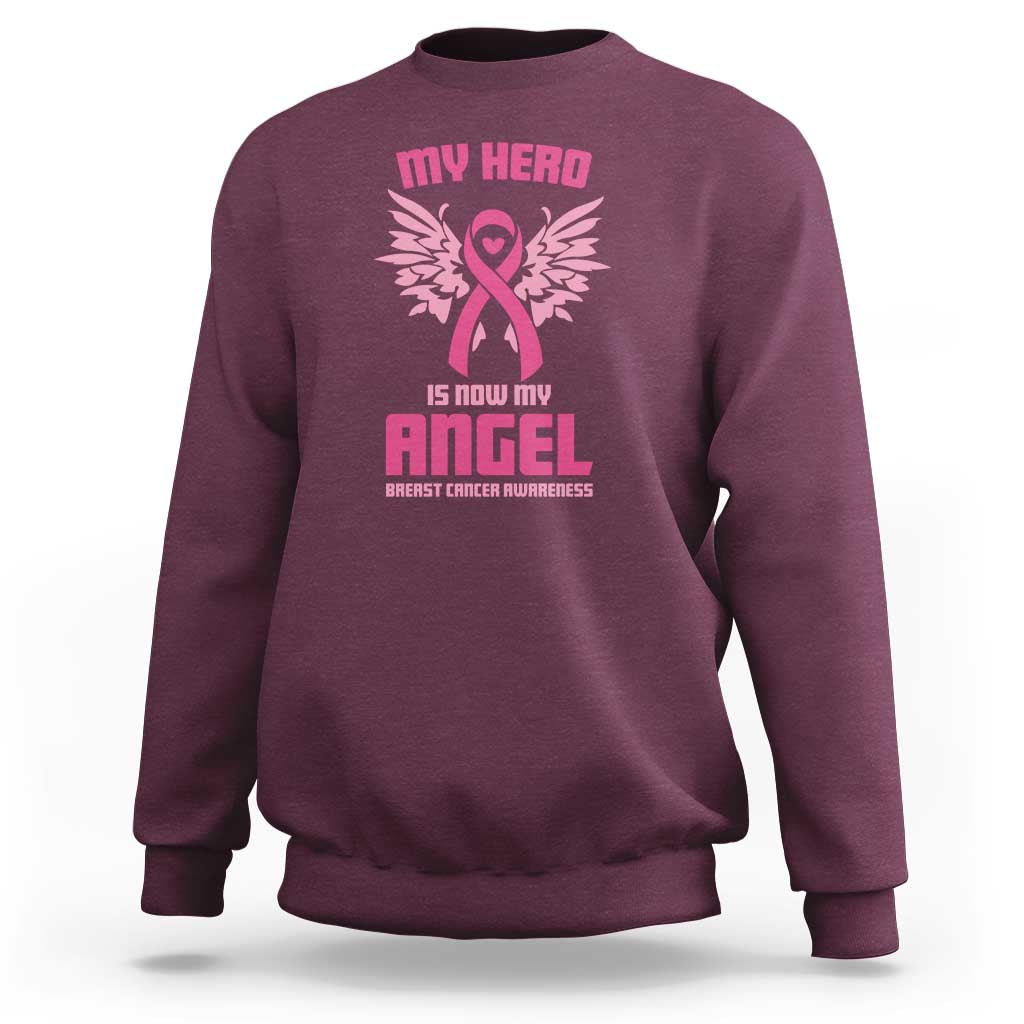 Breast Cancer Awareness Sweatshirt My Hero Is Now My Angel Pink Ribbon Wings Heart - Wonder Print Shop