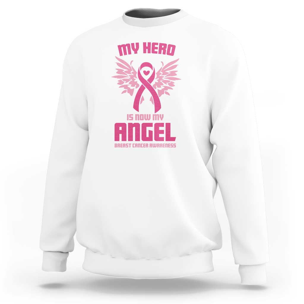 Breast Cancer Awareness Sweatshirt My Hero Is Now My Angel Pink Ribbon Wings Heart - Wonder Print Shop