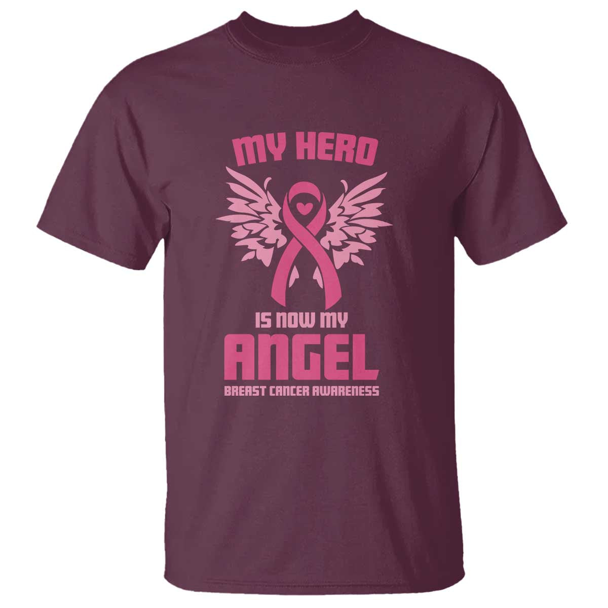 Breast Cancer Awareness T Shirt My Hero Is Now My Angel Pink Ribbon Wings Heart - Wonder Print Shop