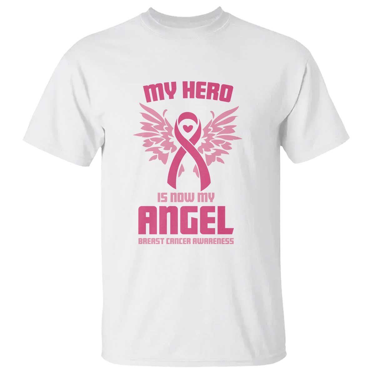 Breast Cancer Awareness T Shirt My Hero Is Now My Angel Pink Ribbon Wings Heart - Wonder Print Shop