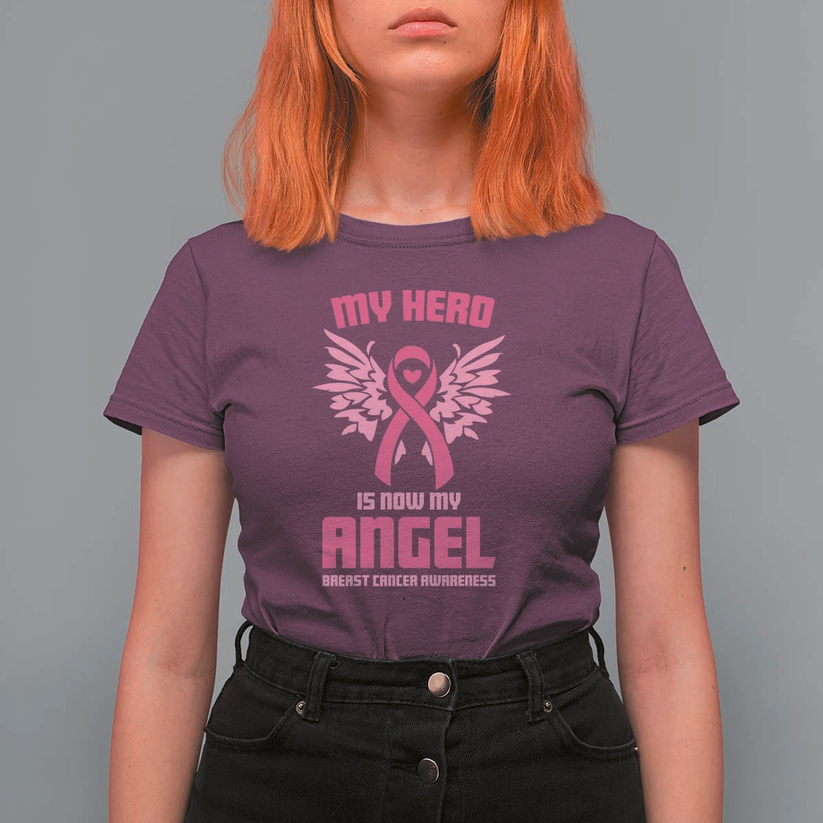Breast Cancer Awareness T Shirt For Women My Hero Is Now My Angel Pink Ribbon Wings Heart - Wonder Print Shop