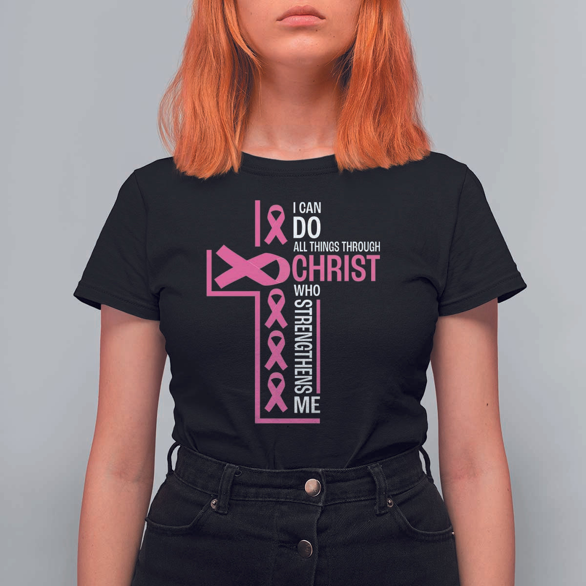 Breast Cancer Awareness T Shirt For Women I Can Do All Things Through Christ Who Strengthens Me Pink Ribbon - Wonder Print Shop