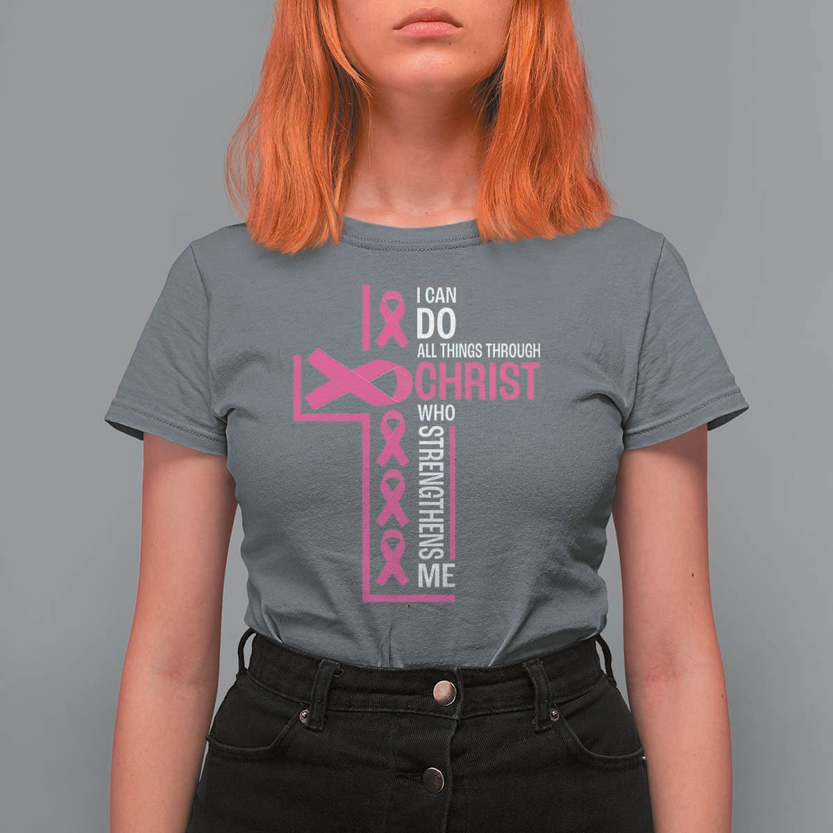 Breast Cancer Awareness T Shirt For Women I Can Do All Things Through Christ Who Strengthens Me Pink Ribbon - Wonder Print Shop
