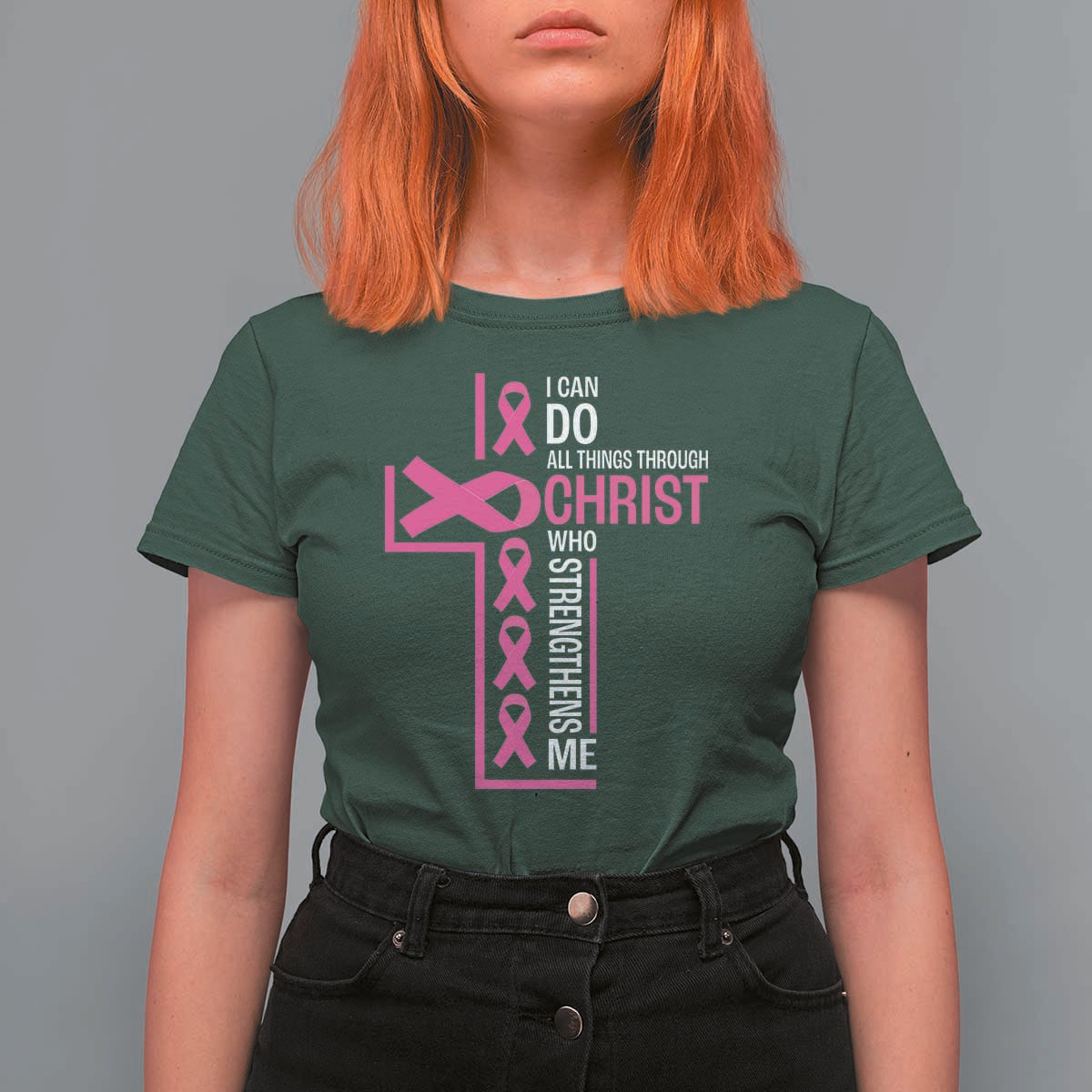 Breast Cancer Awareness T Shirt For Women I Can Do All Things Through Christ Who Strengthens Me Pink Ribbon - Wonder Print Shop