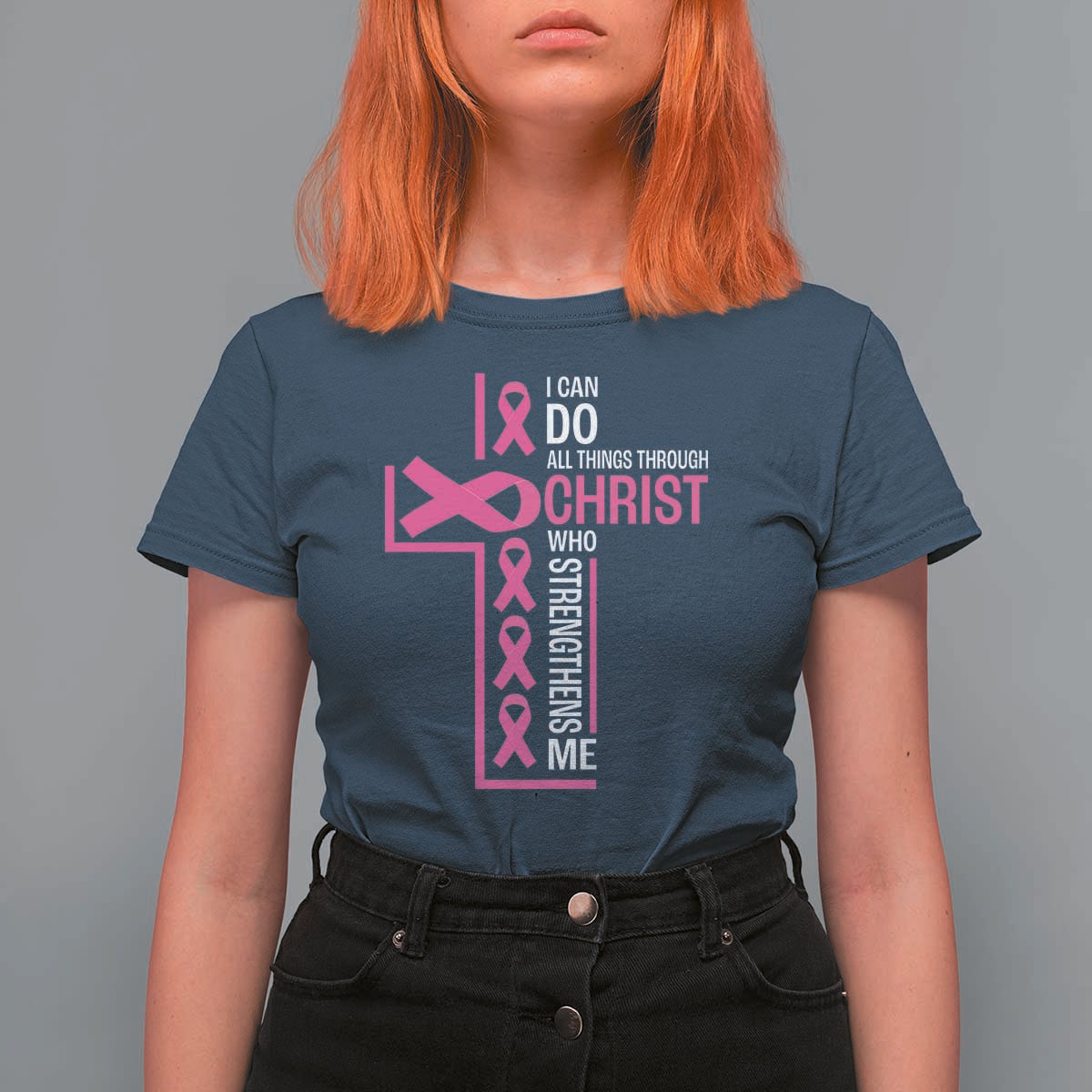 Breast Cancer Awareness T Shirt For Women I Can Do All Things Through Christ Who Strengthens Me Pink Ribbon - Wonder Print Shop