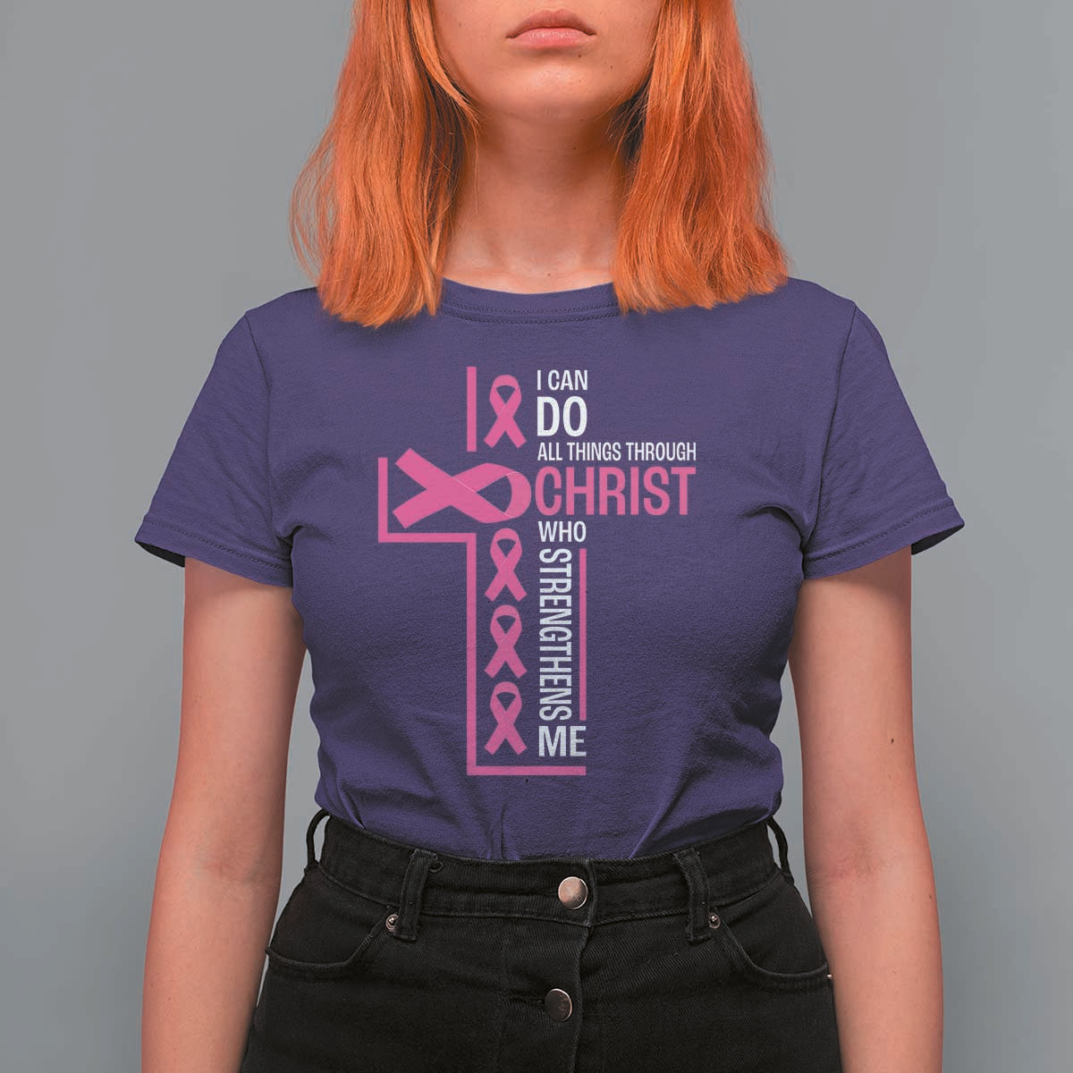 Breast Cancer Awareness T Shirt For Women I Can Do All Things Through Christ Who Strengthens Me Pink Ribbon - Wonder Print Shop