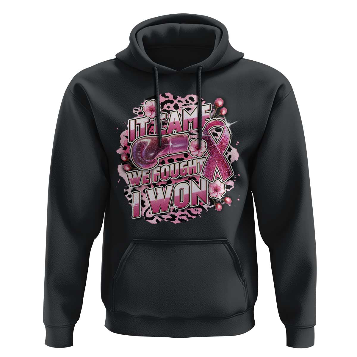 Breast Cancer Awareness Hoodie It Came We Fought I Won Boxing Gloves Pink Ribbon Flowers Leopard - Wonder Print Shop