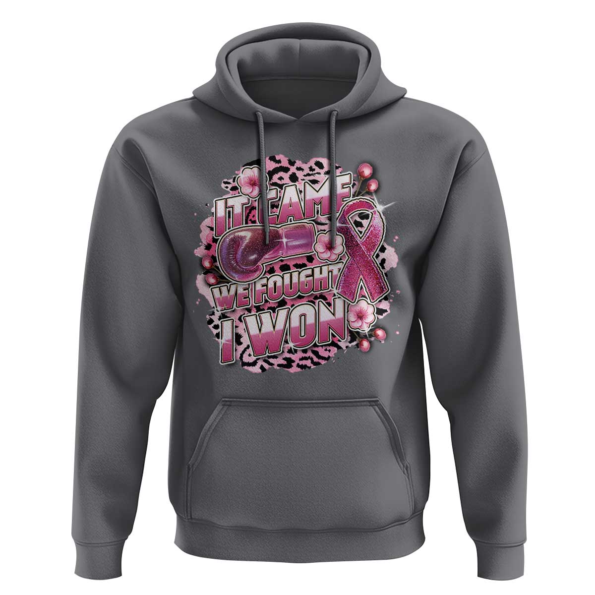 Breast Cancer Awareness Hoodie It Came We Fought I Won Boxing Gloves Pink Ribbon Flowers Leopard - Wonder Print Shop