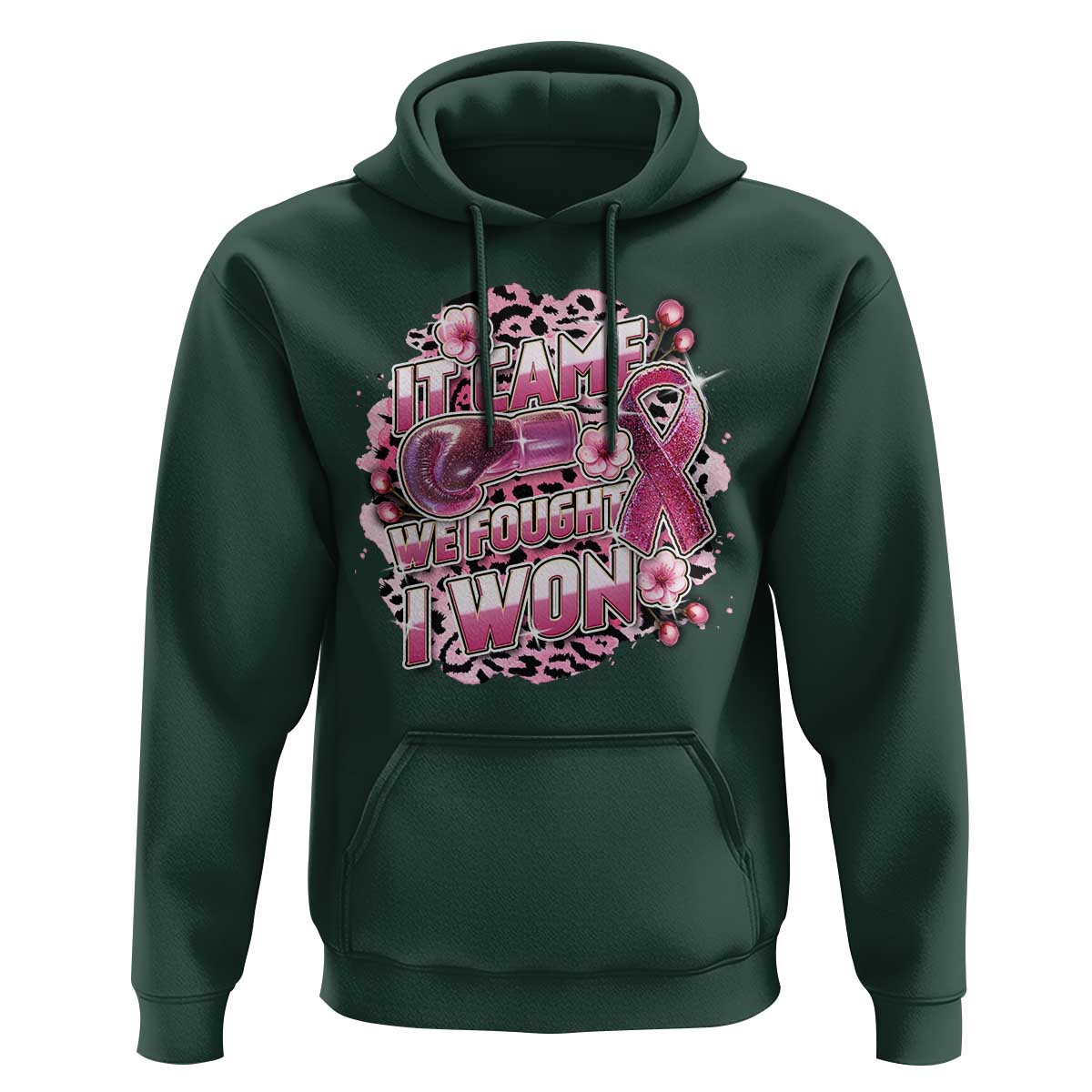 Breast Cancer Awareness Hoodie It Came We Fought I Won Boxing Gloves Pink Ribbon Flowers Leopard - Wonder Print Shop