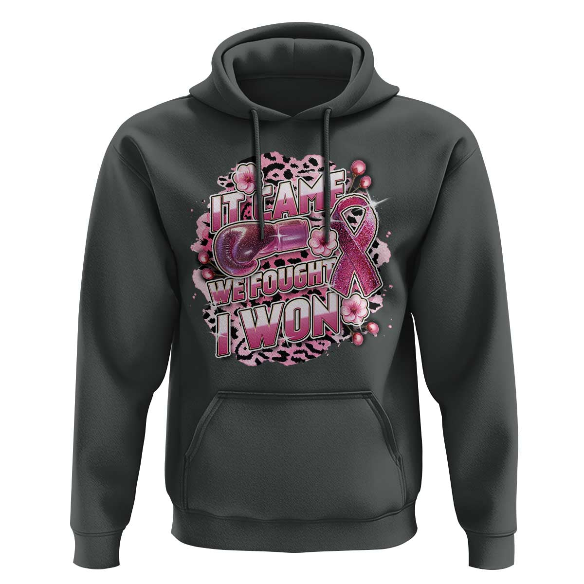 Breast Cancer Awareness Hoodie It Came We Fought I Won Boxing Gloves Pink Ribbon Flowers Leopard - Wonder Print Shop