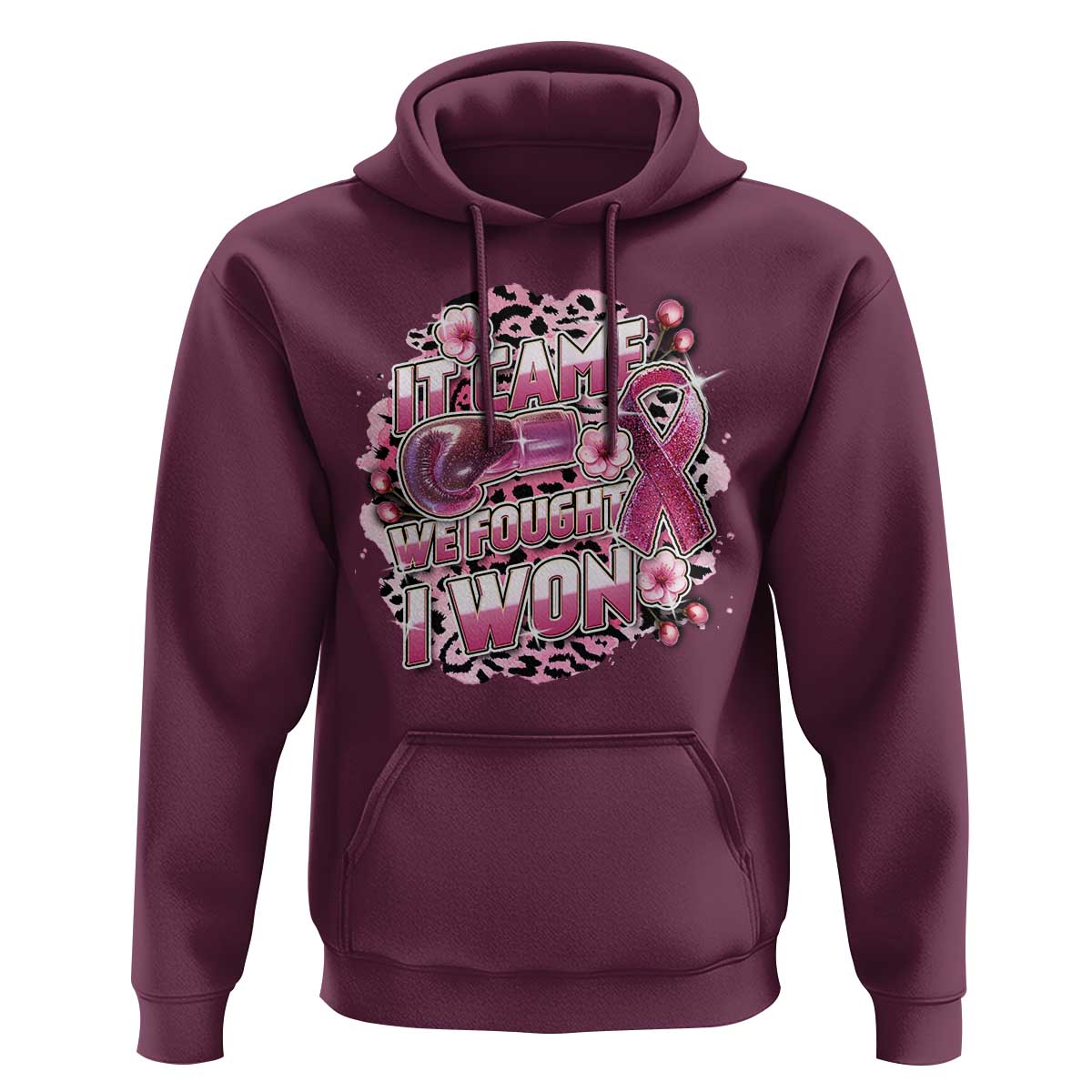 Breast Cancer Awareness Hoodie It Came We Fought I Won Boxing Gloves Pink Ribbon Flowers Leopard - Wonder Print Shop
