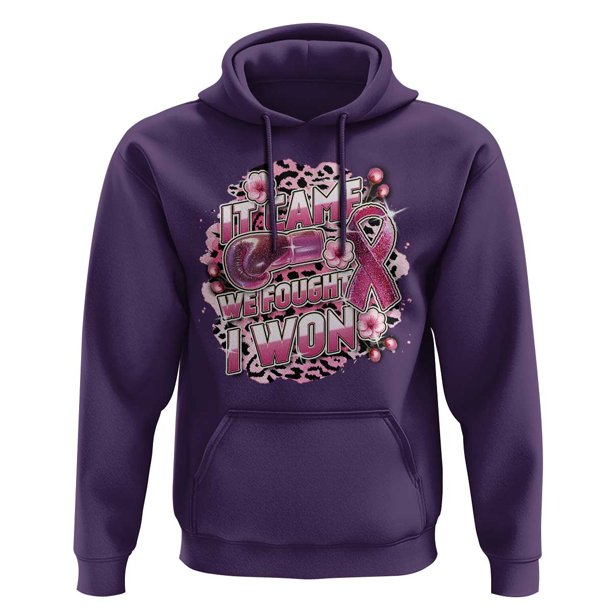 Breast Cancer Awareness Hoodie It Came We Fought I Won Boxing Gloves Pink Ribbon Flowers Leopard - Wonder Print Shop