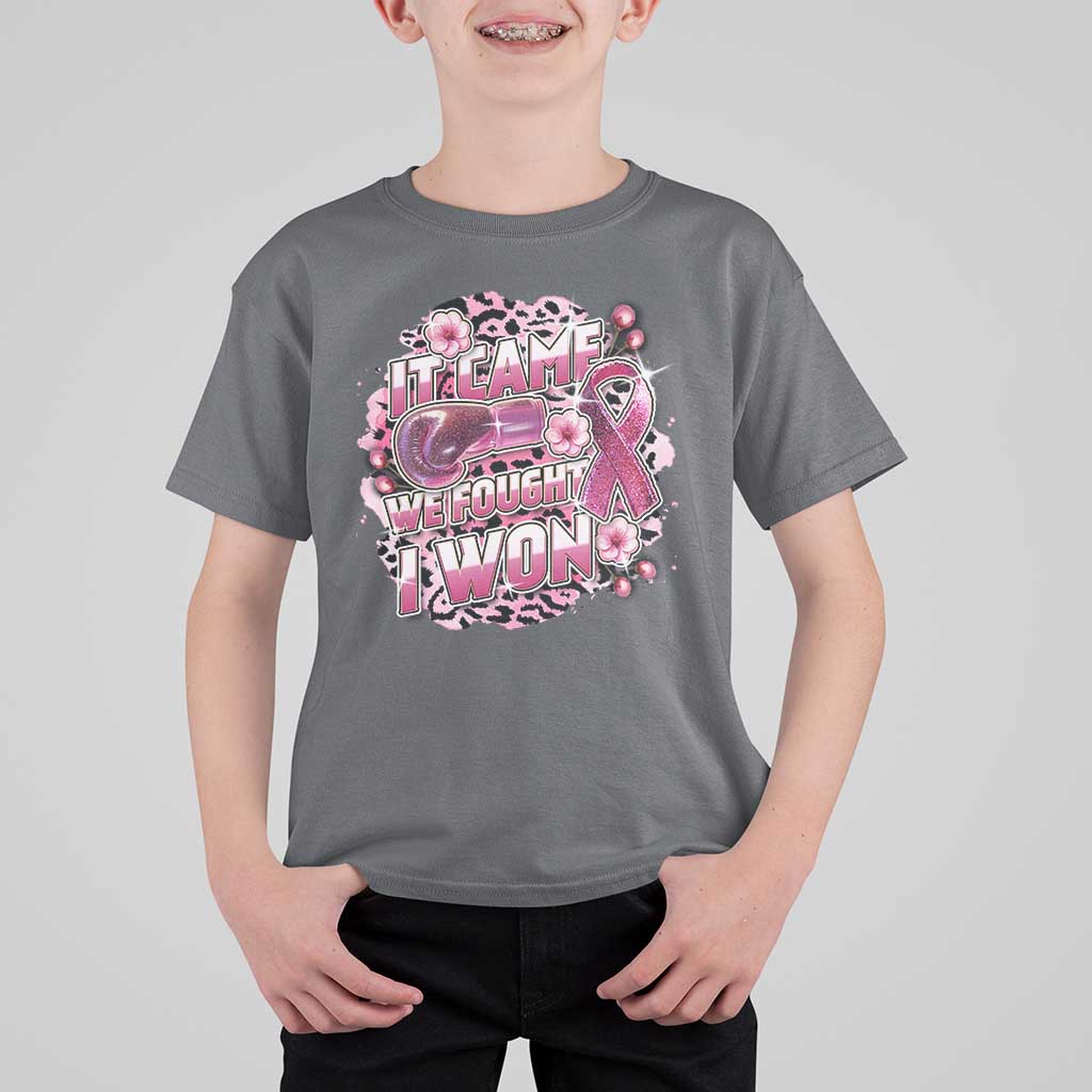 Breast Cancer Awareness T Shirt For Kid It Came We Fought I Won Boxing Gloves Pink Ribbon Flowers Leopard - Wonder Print Shop