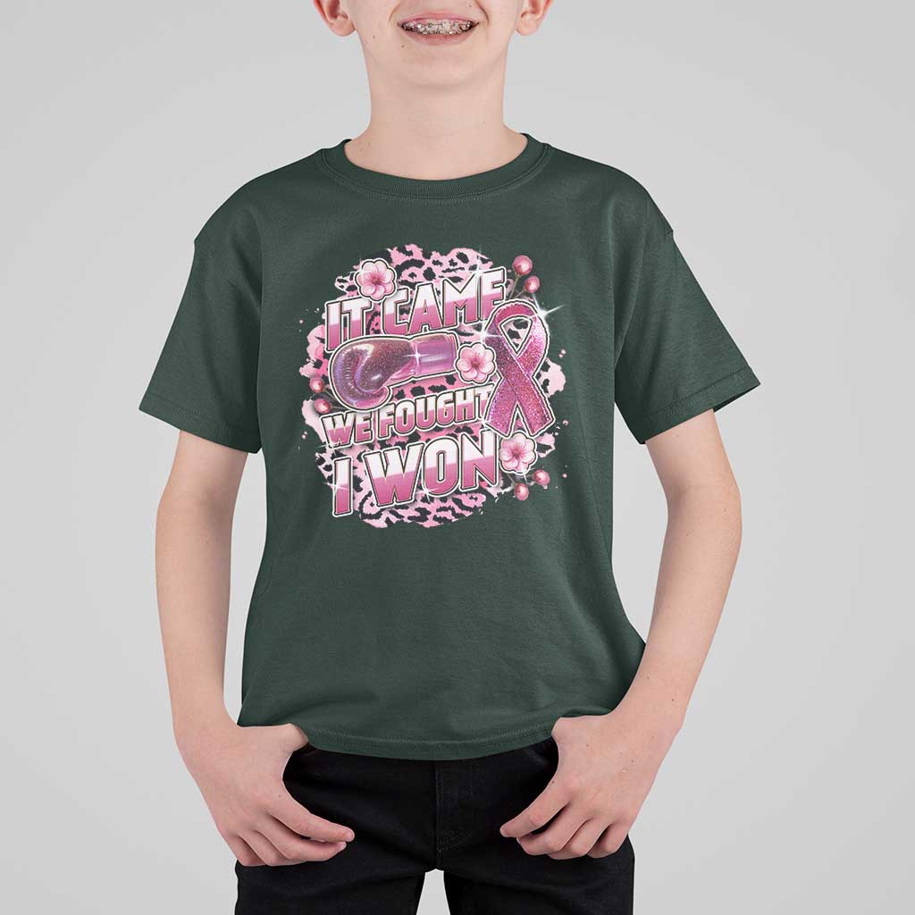 Breast Cancer Awareness T Shirt For Kid It Came We Fought I Won Boxing Gloves Pink Ribbon Flowers Leopard - Wonder Print Shop