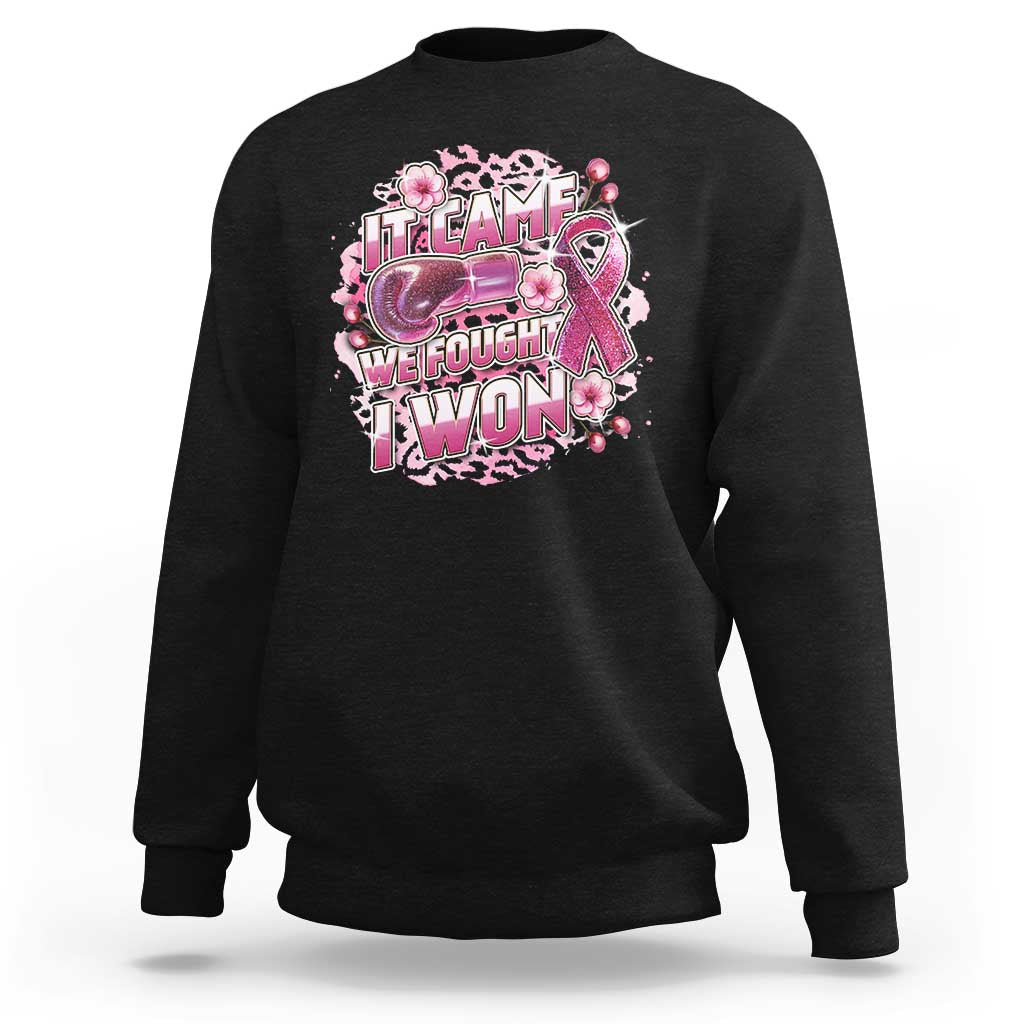 Breast Cancer Awareness Sweatshirt It Came We Fought I Won Boxing Gloves Pink Ribbon Flowers Leopard - Wonder Print Shop