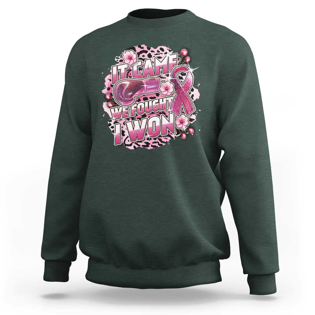 Breast Cancer Awareness Sweatshirt It Came We Fought I Won Boxing Gloves Pink Ribbon Flowers Leopard - Wonder Print Shop