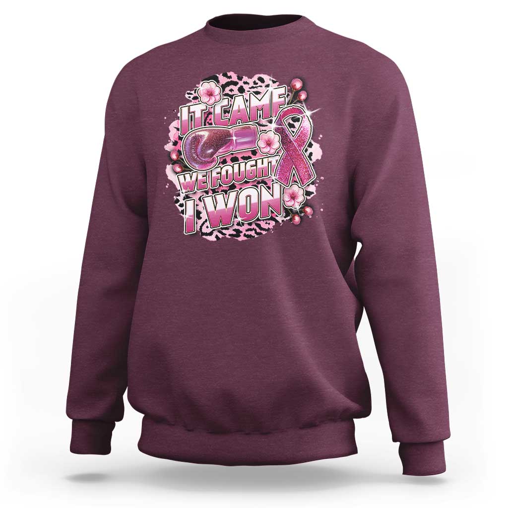 Breast Cancer Awareness Sweatshirt It Came We Fought I Won Boxing Gloves Pink Ribbon Flowers Leopard - Wonder Print Shop