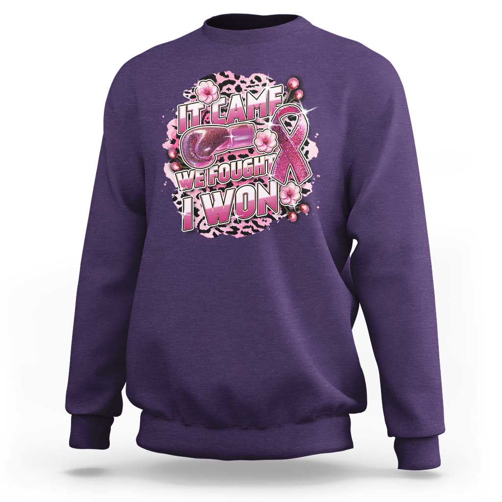 Breast Cancer Awareness Sweatshirt It Came We Fought I Won Boxing Gloves Pink Ribbon Flowers Leopard - Wonder Print Shop